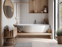 Scandinavian bathroom blends light wood accents, white tiles, and cozy textiles for a warm and inviting space perfect for relaxation.  