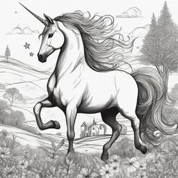 drawing of a unicorn in a whimsical scene  minimal rough sketch scribbles,doodles,black and white