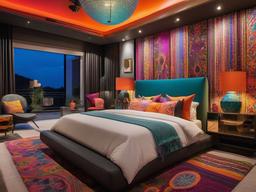 The master bedroom embraces psychedelic interior design with eclectic patterns, vibrant colors, and a mix of textures that create a stylish and imaginative sanctuary for sleep.  