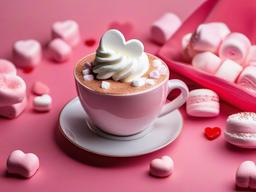 Valentine's Day background - Hot chocolate with whipped cream and pink heart marshmallows  aesthetic background wallpaper