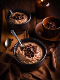 a serving of creamy chocolate rice pudding, with a velvety chocolate flavor. 