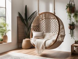 boho-chic bedroom with macrame decor and a hanging hammock chair. 