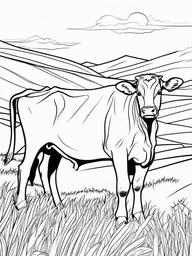 Cow Coloring Pages - Cow standing on a hill with a beautiful view  simple coloring pages