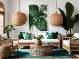 tropical-themed living room with palm leaf prints and rattan furniture. 