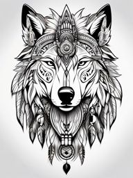 Wolf and Indian Tattoo,tattoo showcasing both a wolf and indigenous motifs, fusion of cultures. , tattoo design, white clean background