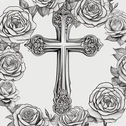 drawing of a cross surrounded by roses  minimal rough sketch scribbles,doodles,black and white