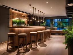 Biophilic interior design in the bar room features natural wood accents, plants, and warm lighting, creating a welcoming space for socializing and relaxation.  