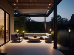 Bauhaus outdoor patio incorporates minimalist seating, tubular metal frames, and geometric outdoor lighting, offering a functional and modern space for outdoor relaxation.  