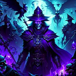 shadowy necromancer raising an undead army, surrounded by eerie incantations. 