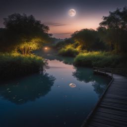 puzhehei - illustrate the enchanting night atmosphere of puzhehei, a wetland area with crystal-clear waters and karst formations, where the moonlight dances on the lakes. 