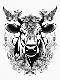 Cow with butterfly wings design: Transformation and freedom, symbolism.  black and white tattoo style