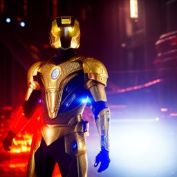 full body cyborg in a shiny golden suit with intricate pattern, D&D sci-fi, concept art, highly detailed illustration., 4k unreal engine, dark city neon background