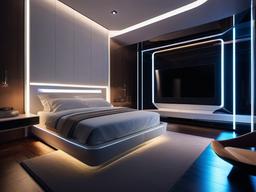 In the bedroom, futuristic interior design showcases a platform bed with smart features, ambient lighting, and dynamic wall art that transforms the space into a high-tech retreat.  