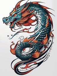 Fish Dragon Tattoo - Unique combination of a dragon and fish in a tattoo.  simple color tattoo,minimalist,white background