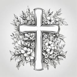 drawing of a cross with flowers  minimal rough sketch scribbles,doodles,black and white