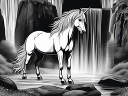 drawing of a unicorn with a waterfall  minimal rough sketch scribbles,doodles,black and white