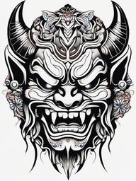 Japanese Tattoo Oni Mask - Combines the artistry of traditional Japanese tattoos with the iconic Oni mask.  simple color tattoo,white background,minimal