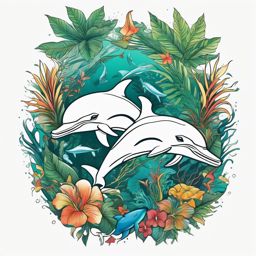 Rainforest Marine Melody - Dolphins surrounded by rainforest elements in a tropical tattoo.  outline color tattoo,minimal,white background