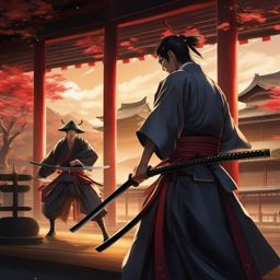 Feudal Japan dojo with skilled samurai dueling. anime, wallpaper, background, anime key visual, japanese manga