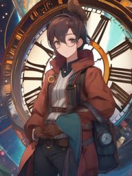 Adventurous time traveler, navigating a world of paradoxes, seeking to mend the threads of time.  front facing ,centered portrait shot, cute anime color style, pfp, full face visible