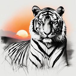 drawing of a tiger with a sunset  minimal rough sketch scribbles,doodles,black and white