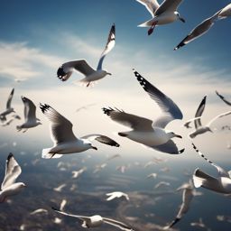 Seagulls soaring against a clear sky close shot perspective view, photo realistic background, hyper detail, high resolution