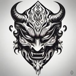 Demon Mask Tattoo - Tattoo showcasing a demonic mask, often associated with Japanese folklore.  simple color tattoo,white background,minimal