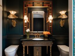 In the powder room, Egyptian Revival interior design includes ornate fixtures, rich colors, and decorative accents that transform a small space into a stylish and luxurious experience.  