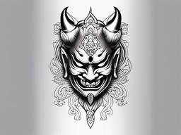 Hannya Mask Oriental Tattoo - A tattoo design featuring the Hannya mask with an oriental aesthetic, blending traditional and cultural elements.  simple color tattoo,white background,minimal
