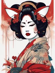 geisha with hannya mask  simple color tattoo,white background,minimal