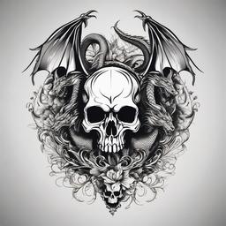 Dragon With Skull Tattoo - Tattoos featuring both dragons and skulls, often representing life and death.  simple color tattoo,minimalist,white background