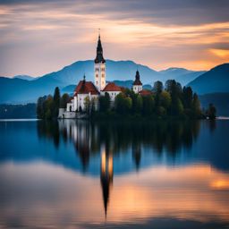 lake bled, slovenia - imagine the iconic island church on lake bled, surrounded by calm waters and a starry night. 