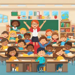 classroom clipart: filled with enthusiastic students and a teacher. 