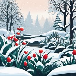 Snowy Garden clipart - Snow-covered garden with plants, ,vector color clipart,minimal