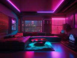 Cyberpunk interior design in the living room features sleek furniture, neon lighting, and digital art that creates a vibrant and immersive urban atmosphere.  