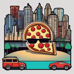 Cityscape and Pizza Emoji Sticker - Urban pizza exploration, , sticker vector art, minimalist design