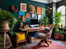 Bohemian home office is adorned with colorful textiles, unique decor items, and plants, creating an inspiring and creative atmosphere for work.  