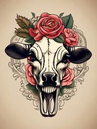 Cow skull with vintage roses tattoo: Antique charm, timeless beauty.  simple color tattoo style