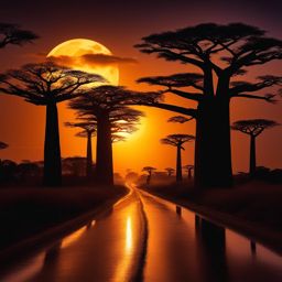 avenue of the baobabs, madagascar - create a mystical night scene featuring ancient baobab trees along a moonlit dirt road. 