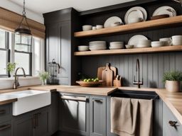 rustic farmhouse kitchen with open wooden shelving and a farmhouse sink. 