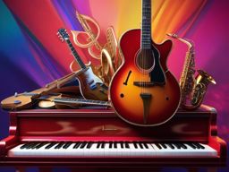 Musical Instruments - A collection of musical instruments, including a guitar and piano hyperrealistic, intricately detailed, color depth,splash art, concept art, mid shot, sharp focus, dramatic, 2/3 face angle, side light, colorful background