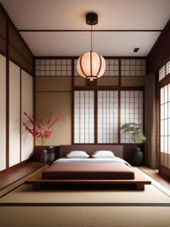 japanese-inspired bedroom with tatami mats and paper lanterns. 