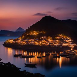 sado island - paint a night view of sado island, with its traditional performances, gold mines, and pristine coastlines, all embraced by the soft glow of lanterns. 