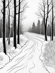 Winter Path Coloring Pages - Snowy Path Winding Through the Woods  minimal black outline printable sheet, coloring page