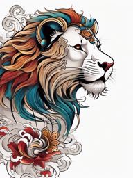 Japanese lion tattoo, Tattoos inspired by Japanese culture and featuring the mythical lion-like creatures. , color tattoo designs, white clean background