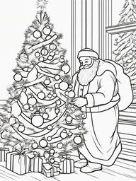 Santa Decorating Tree Coloring Pages - Santa Adding Ornaments to a Tree  minimal black outline printable sheet, coloring page