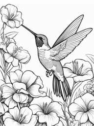 flower coloring pages - a hummingbird sips nectar from a vibrant flower in the garden. 