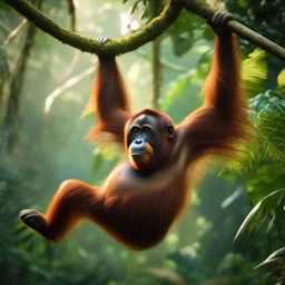 Cute Orangutan Swinging Through a Dense Jungle Canopy 8k, cinematic, vivid colors