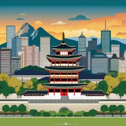 Seoul clipart - Gyeongbokgung Palace and Seoul skyline, ,color clipart vector style