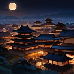 Ancient Japan rooftops at night. anime, wallpaper,